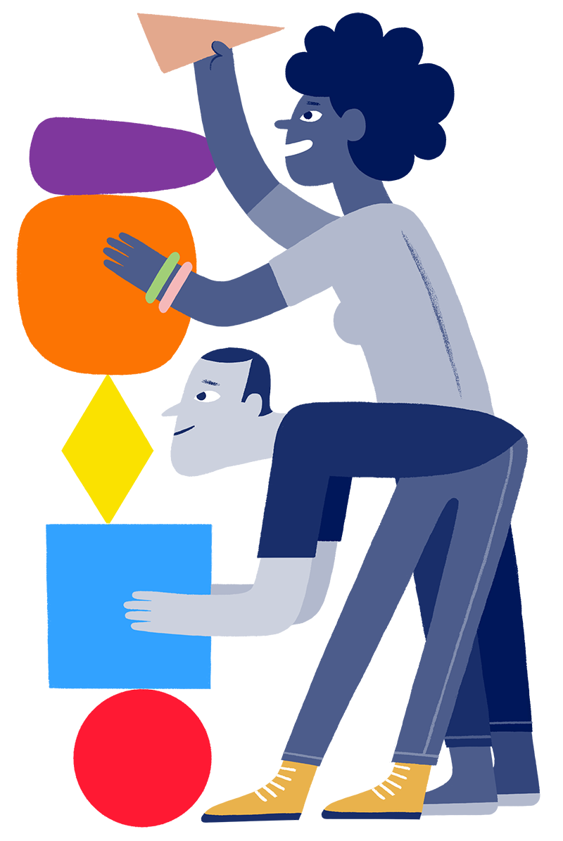 An illustration showing two people learning how to work together at a leadership and management course