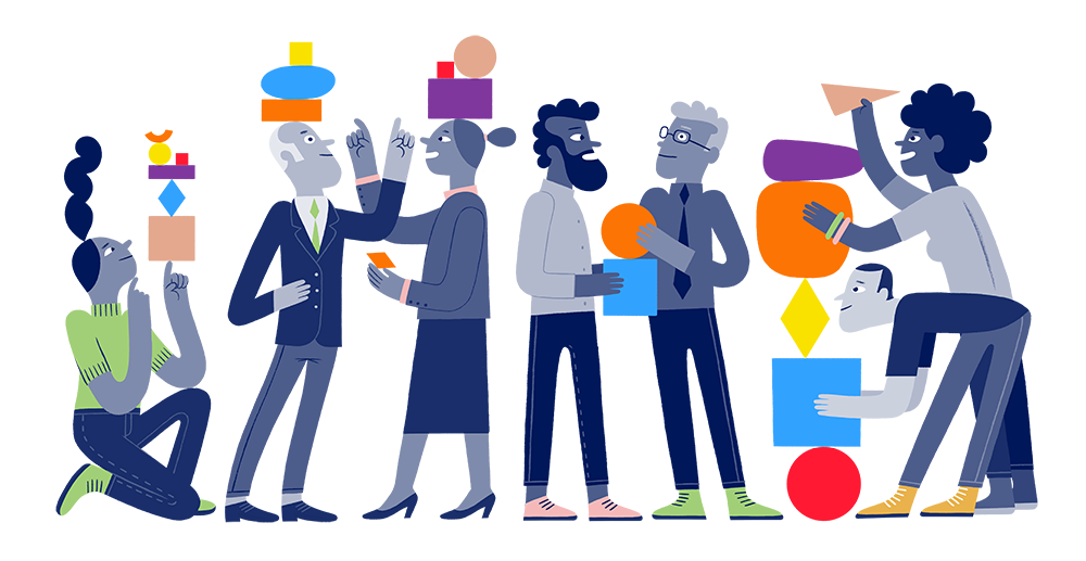 An illustration of a group of people learning adaptive communication skills with the Process Communication Model, and practicing adapting their communication styles to suit the person they’re talking to